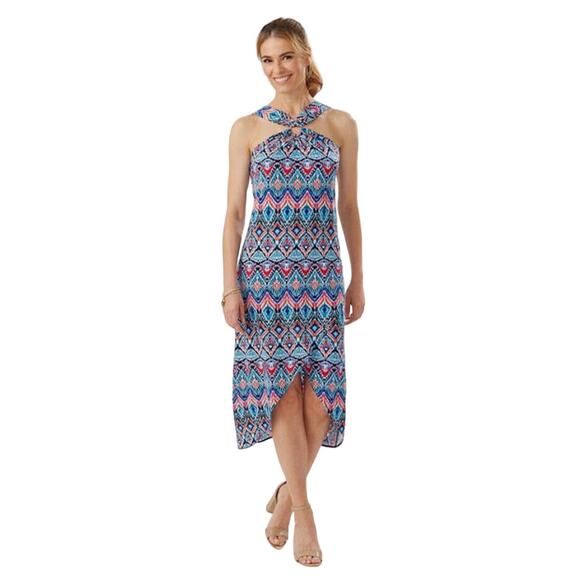Tommy Bahama Halter Prima Peacock Midi Dress Blue Island Size L NWT $178 - Picture 1 of 14